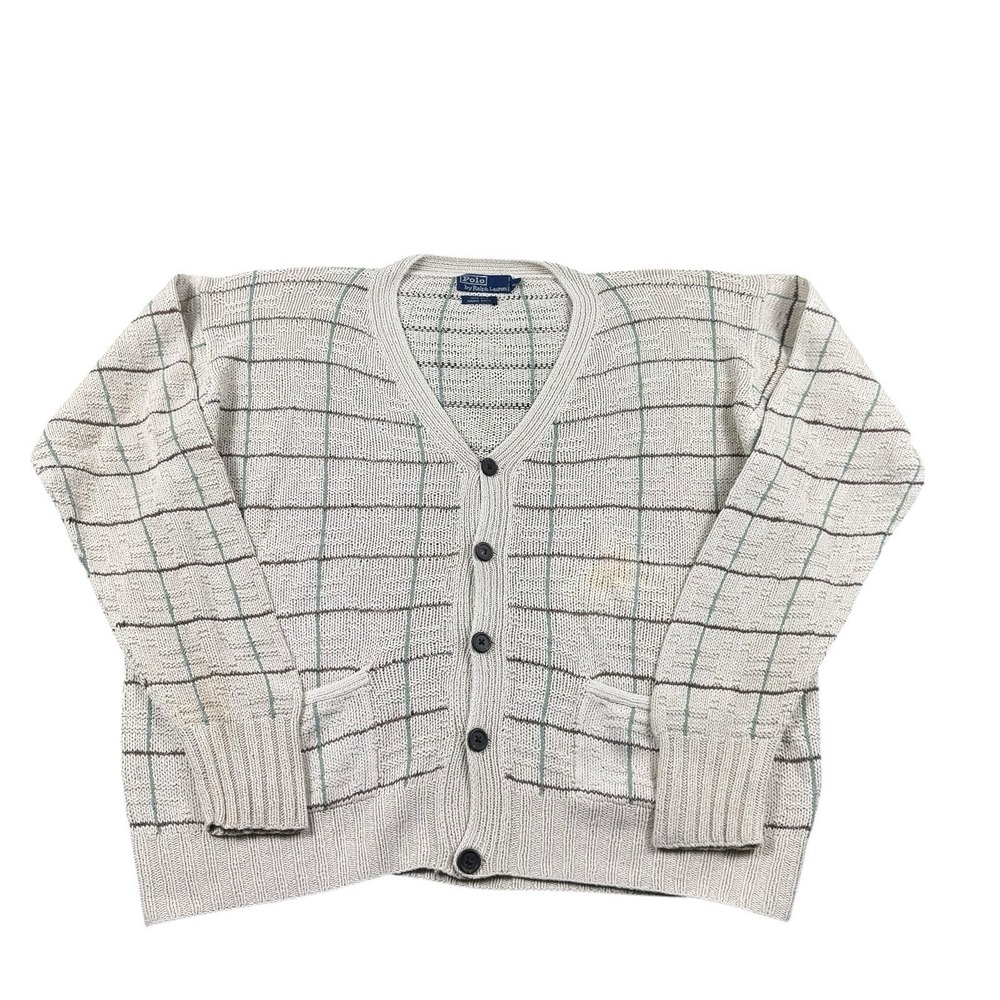 Polo Ralph Lauren VTG Handknit Pure Silk Mens Check Cardigan Size XL